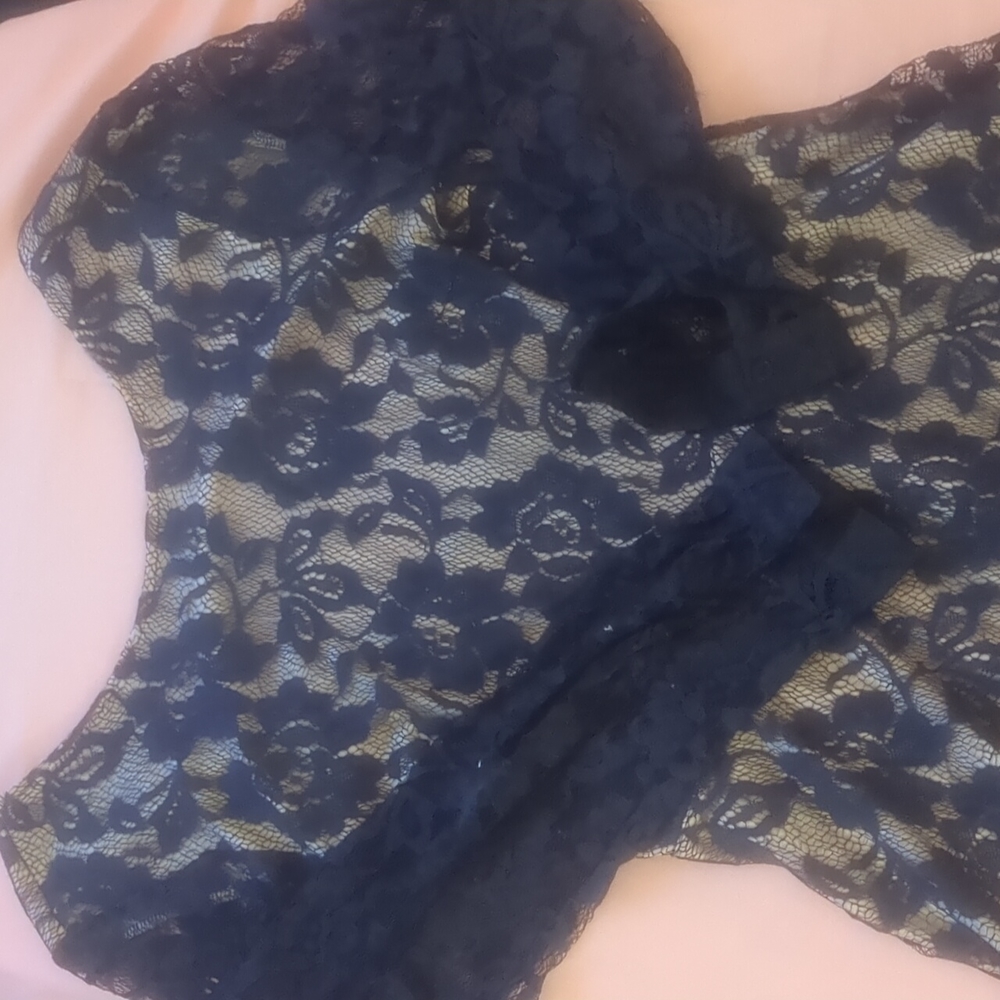 For $60 gray blue l ace dress over natural colored lining. Parvenue, size L.